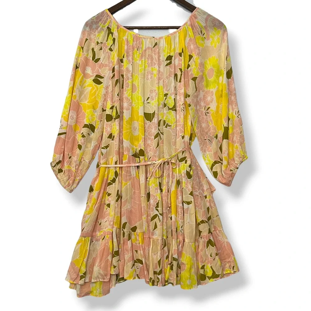 Free‎ People Tunic Top Mini Dress XS Yellow Floral Wrap Tiered Ruffle Boho Gauze